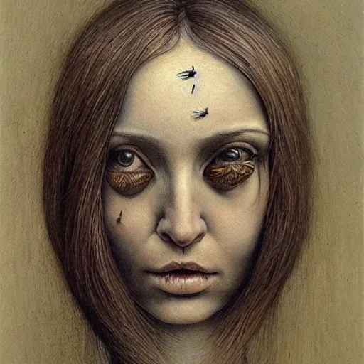 Image similar to a hyperrealistic painting of a beautiful woman with the head of a fly, by santiago caruso, highly detailed,