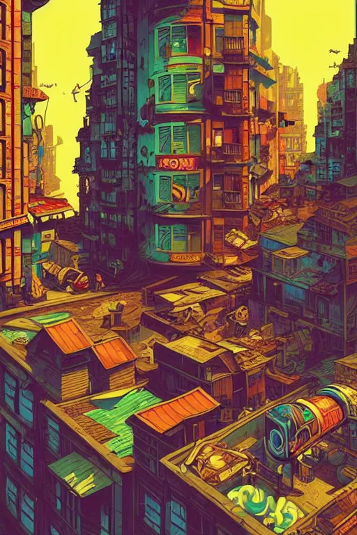 Image similar to slum neighbourhood. pop art, pixel, bioshock art style, gta chinatown art style, dynamic composition, sharp focus, intricate details, elegant, aesthetic, warm colour, art by artgerm and richard hamilton and mimmo rottela