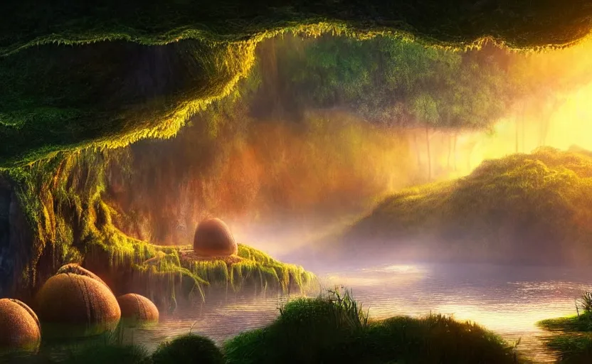 Prompt: a beautiful and stunning professional digital artwork of a humongous mushroom cave, haze, waterfall, lake, spores in the air, volumetric lighting, hyperrealistic, sunset, rtx on, ultra detail