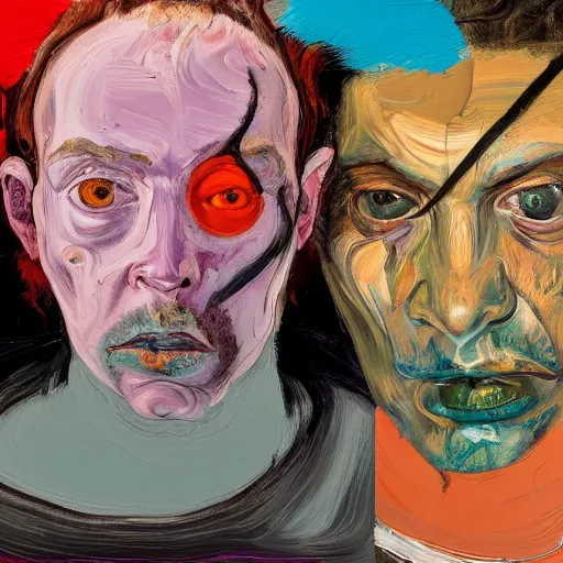 Image similar to high quality high detail painting of two extremely angry men by lucian freud and jenny saville and francis bacon and malcom liepke and nicola samori, hd, anxiety, turquoise and purple and orange and pink, dark atmosphere