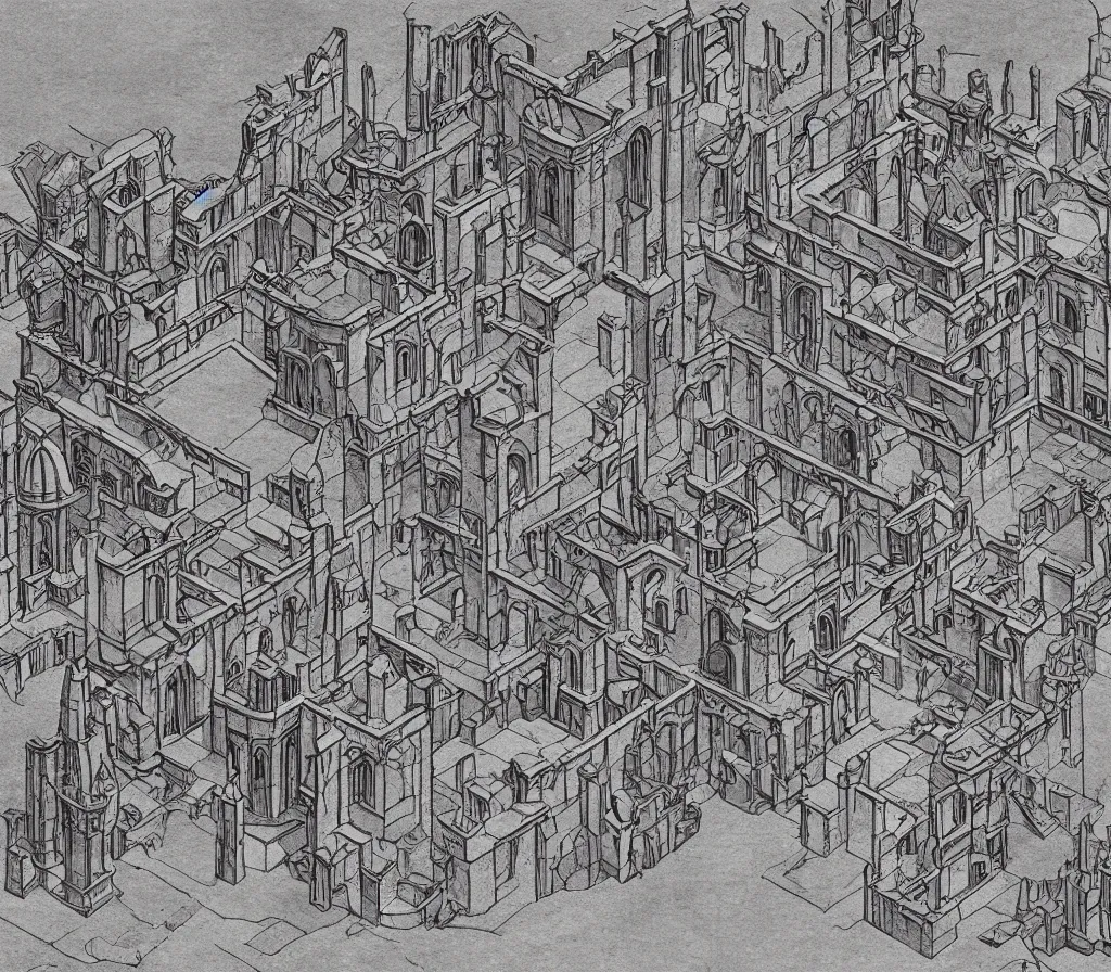 Prompt: Red Citadel, Fey ruins, in the style of M.C. Escher, inspired by Caravaggio,
