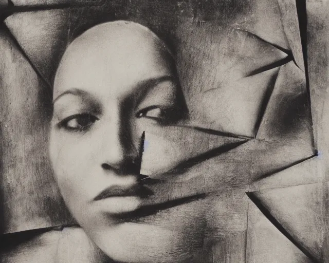 Prompt: movie still, germaine krull, a black and white photo of a woman's face, a charcoal drawing by Hans Erni, afro futurismn, ambrotype, multiple exposure