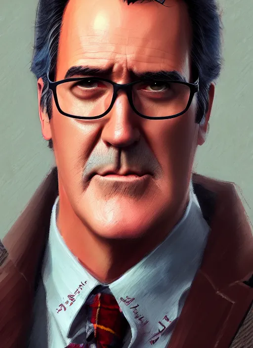 Prompt: a potrait of bruce campbell clothed in tweed as an anime, fine, realistic, shaded, lighting, ilya, kuvshinov, katsuhiro, artgerm, jeremy, lipkin, michael, garmash, unreal, engine, 5, radiant, light, detailed, intricate, environment