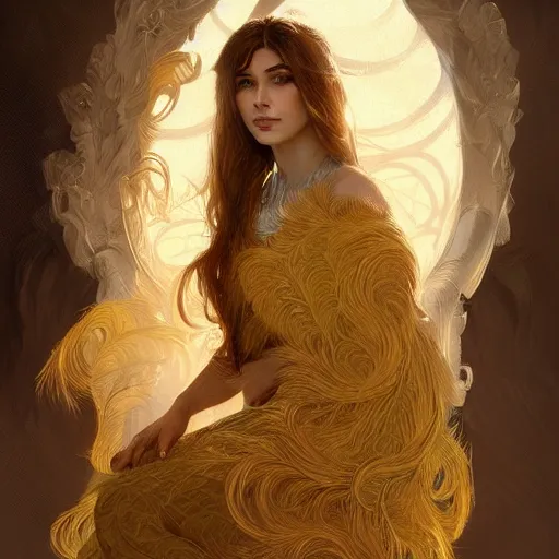 Image similar to a portrait of an attractive young female, beautiful long hear, clothed in golden feathers, intricate, elegant, highly detailed, digital painting, trending on artstation, concept art, smooth, sharp focus, illustration, art by artgerm and greg rutkowski and alphonse mucha