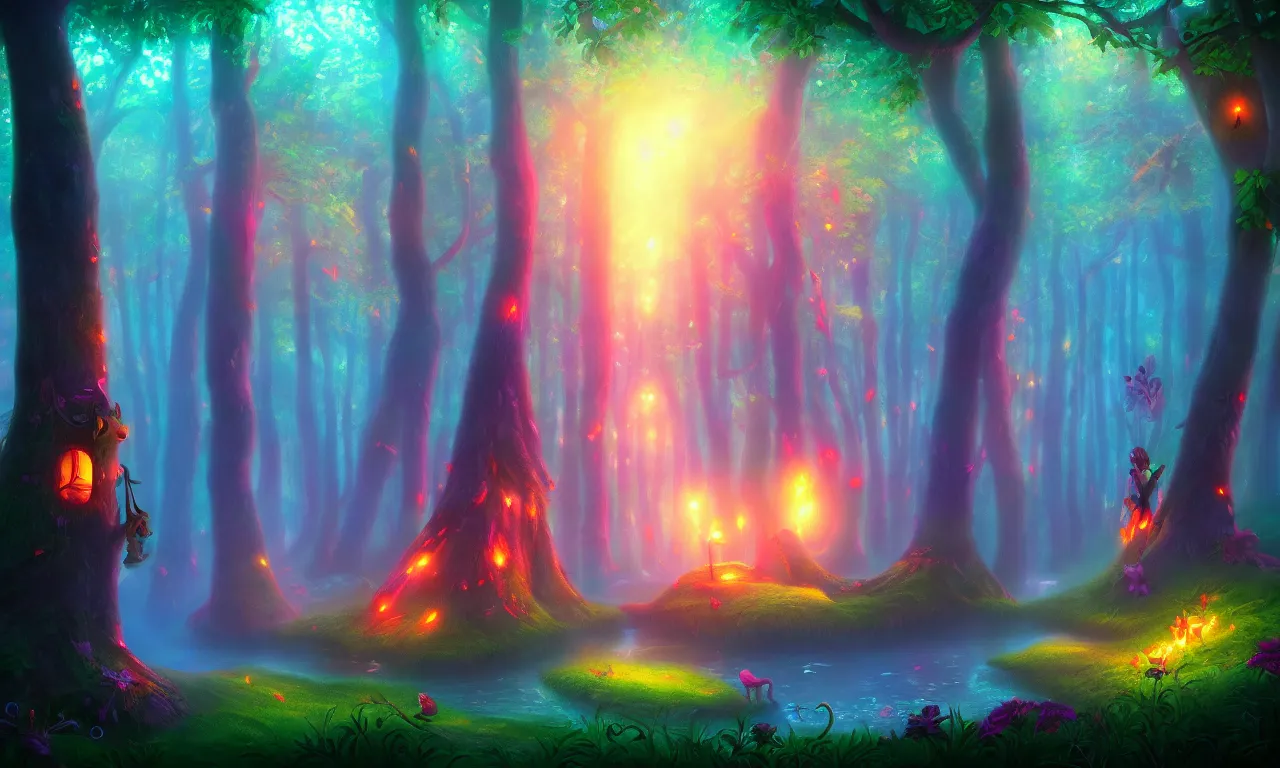 Image similar to enchanted magical forest on magical colorful fire , digital painting , digital art , artstation , devian art , 4k , HD