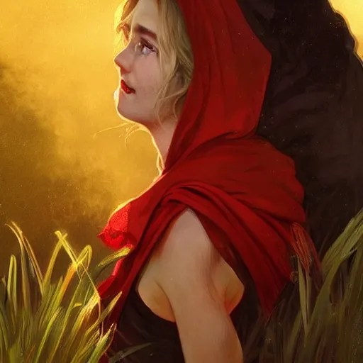 Prompt: Beautiful face Portrait of Little Red Riding Hood with a golden black panther, magic lighting, intricate, wild, highly detailed, digital painting, artstation, concept art, smooth, sharp focus, illustration, art by artgerm and greg rutkowski and alphonse mucha, footage from space camera