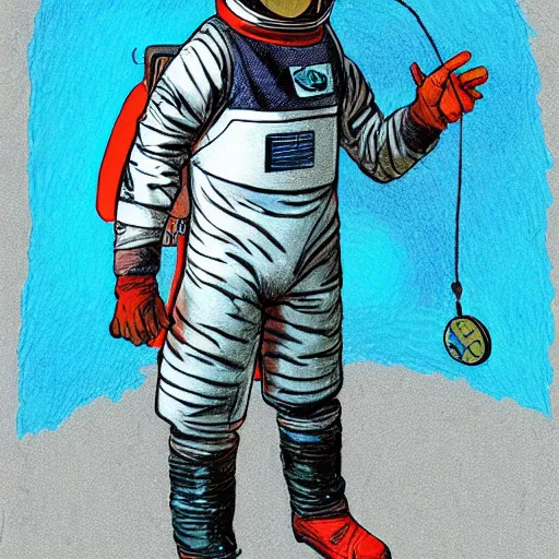 Image similar to Sergio Bleda and Jérémy Petiqueux and Alex Maleev color sketch of a boy super scientist in a retro home made astronaut suit