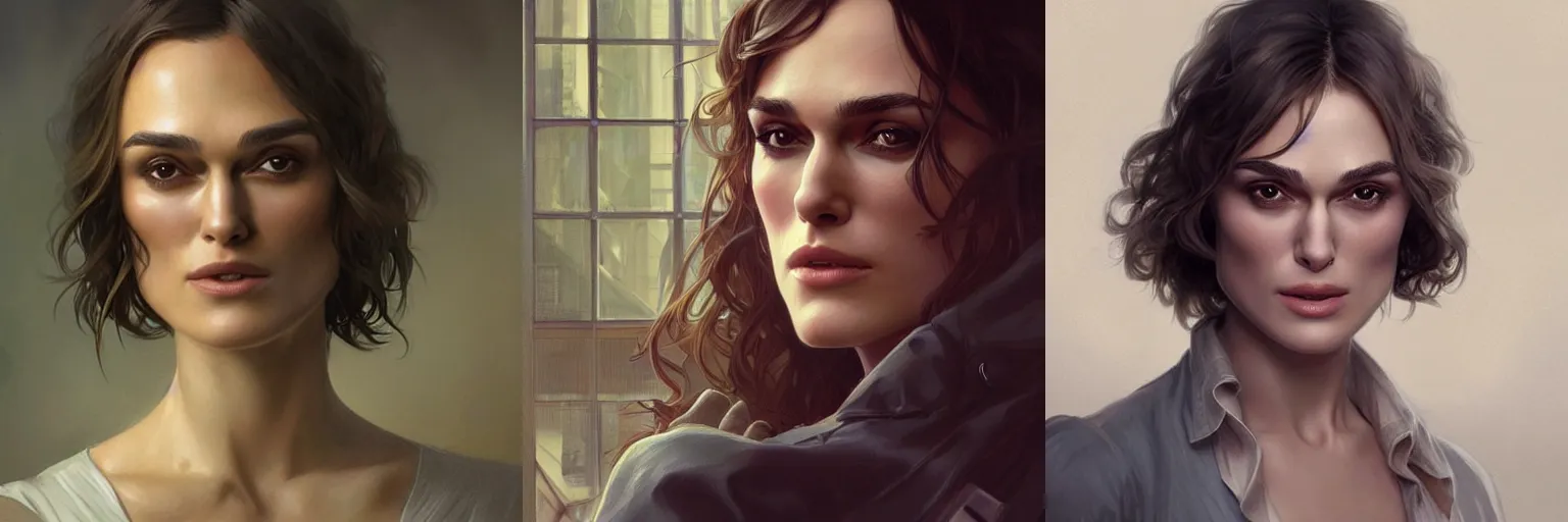 Prompt: portrait of Keira Knightley as a detective, highly detailed, digital painting, artstation, concept art, sharp focus, illustration, art by artgerm and greg rutkowski and alphonse mucha