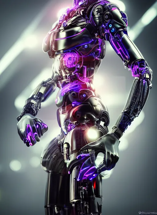 Image similar to photorealistic detailed full body picture of a female cyborg, pretty face, with head arms legs feet and hands, standing glamour pose, neon lights, humanoid, extreme, uhdr, book called the most influental cyborg in 2 0 5 0, fine details, highly detailed, intricate, smooth sharp focus, symmetrical features, environmental portrait, realistic render