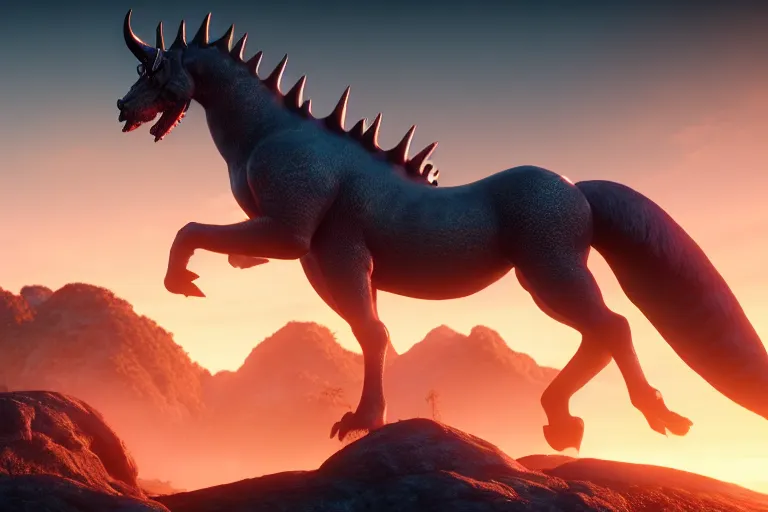 Image similar to scaled mythical creatures threatens the humankind. kaizu, highlight scene of movie, box office hit, sunset horizon, high quality, highly detailed 8 k, unreal engine 5, artstation