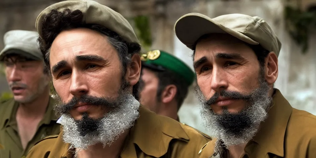 Image similar to James Franco as Fidel Castro in 'Cuba: The Movie' (2024), movie still frame, oscar nominated cinematography, volumetric lighting, 8k resolution, beautiful composition