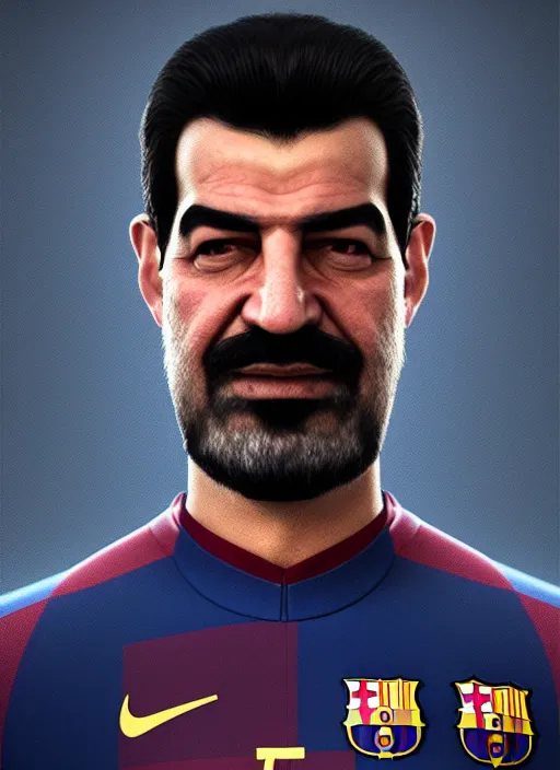 Prompt: portrait of sadam hussain, head and torso, fc barcelona jersey number 1 0, dark blue, maroon red, unreal engine 5, trending on artstation, master piece, octane render, art by artgerm and greg rutkowski and alphonse mucha