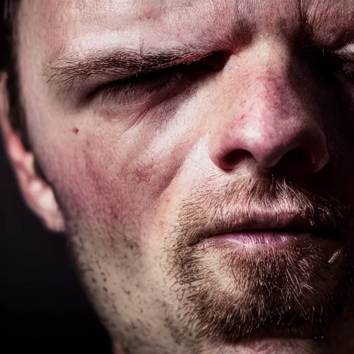 Prompt: oversaturated close up photograph of a sweaty man who has just woken up to a light shining in his face, wide fov, dark room, poor lighting