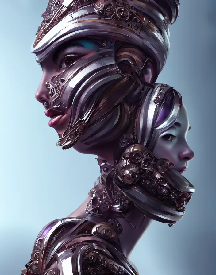 Image similar to beautiful portrait of friendly attractive alien cyborg, style of Feng Zhu, Artstation geometric, aesthetic, smooth skin, unique features, symmetrical, intricate crown, high fashion, streetwear, cyberpunk, detailed, octane render, cinematic, 8k, purple skin, brown skin