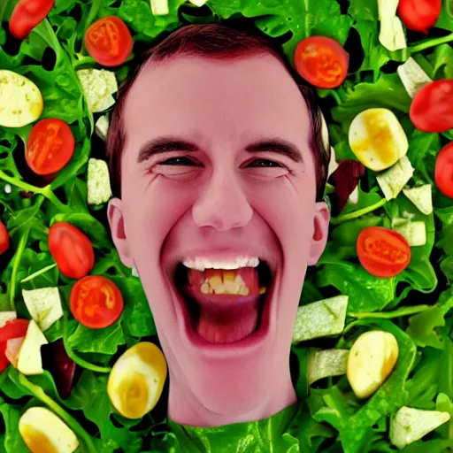 Image similar to a human with salad as their head, laughing, digital art