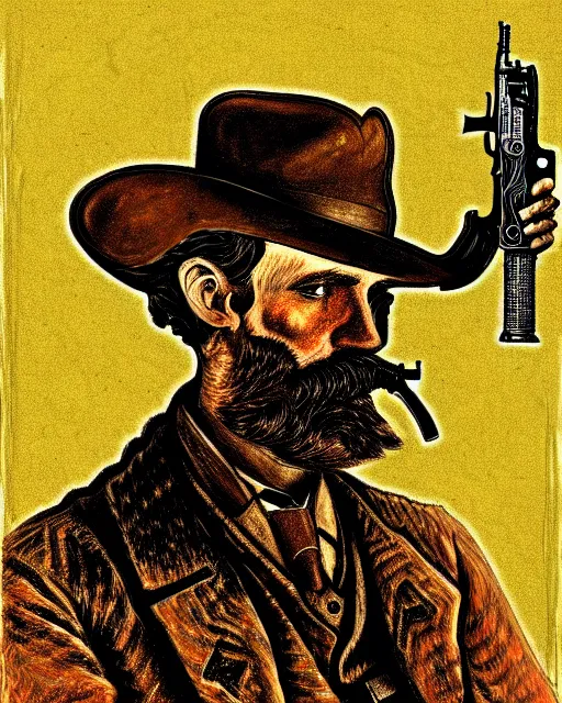 Prompt: an extremely detailed masterpiece portrait of a 1 8 9 0's gunslinger with colt 4 5 six - shooter, in the style of frank auerbach and charles marion russell, digital art