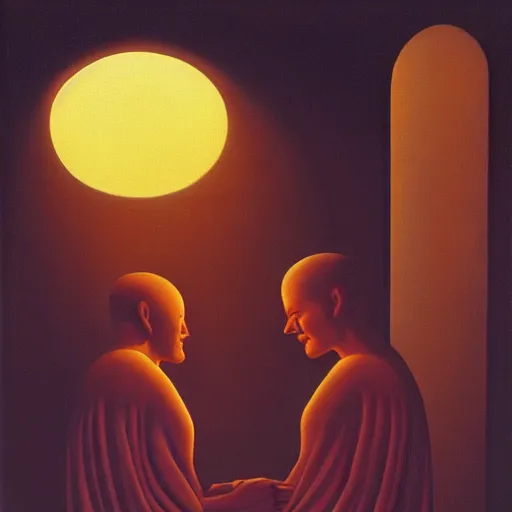 Image similar to Soul eating angels satisfy their hunger, light illumination at sunset, by George Tooker height 768