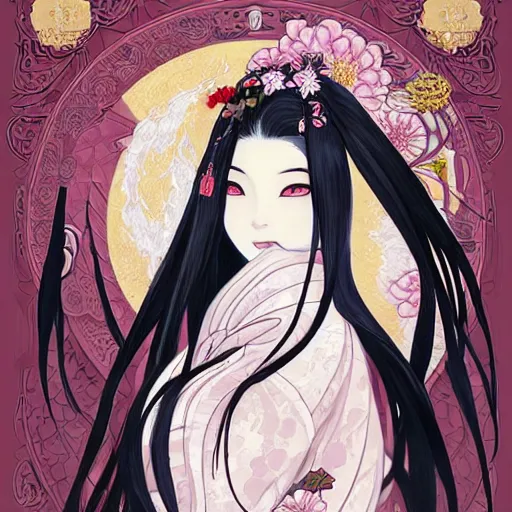 Image similar to portrait of the japanese moon princess kaguya hime with long flowing black hair wearing an ornate kimono with intricate floral patterns, touhou character illustration by ross tran, bo chen, toni infante, rebecca oborn, michael whelan, trending on artstation cgsociety hq