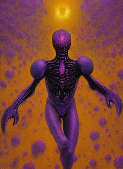 Image similar to dark samus in the style of zdzisław beksinski, full body portrait, [ [ [ [ [ [ purple ] ] ] ] ] ] ], veiny, phazon