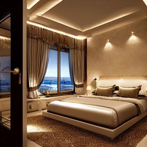 Prompt: luxurious bedroom at night, highly detailed, light coming from door