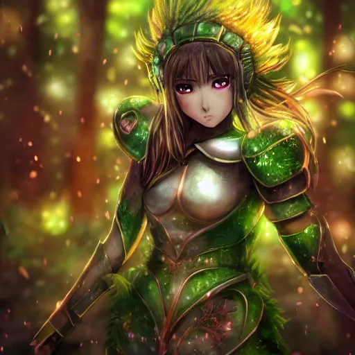 Prompt: portrait focus of knight beautiful 3D anime girl, green moss armor wearing, dark forest background, snowing, bokeh, inspired by Masami Kurumada, digital painting, high contrast, unreal engine render, volumetric lighting, high détail