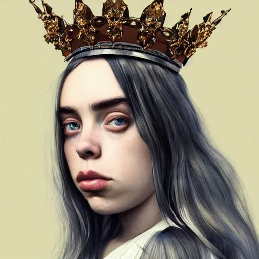 Prompt: portrait of Billie Eilish wearing a crown, dramatic lighting, detailed, very realistic, trending on Artstation, Cgsociety