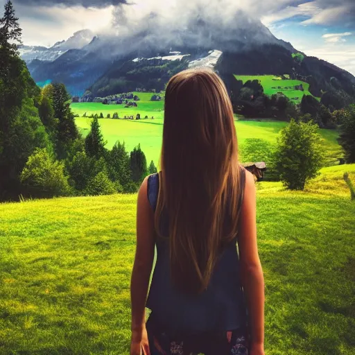 Image similar to a beautiful photograph of a girl with switzerland landscape in the background with trees, hdr, 8 k, high quality, sharp focus, artstation, highly detailed, award - winning, dramatic lighting, beautiful clouds, and nature