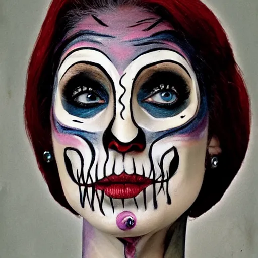 Image similar to a woman with a skeleton face painted on her face, a character portrait by edna mann, behance, pop surrealism, freakshow, 1 9 7 0 s, surrealist