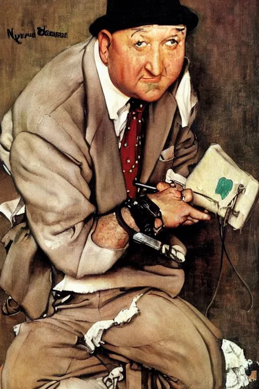 Image similar to curly howard from the three stooges painted by norman rockwell