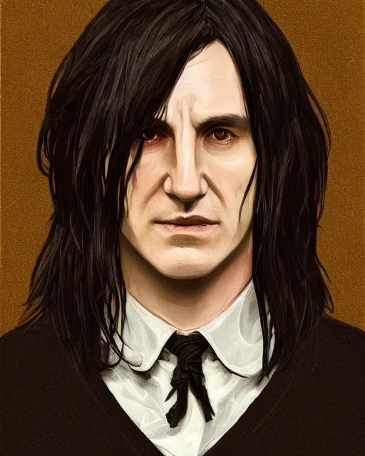 Image similar to portrait of a 3 2 - year - old man wearing black clothes, snape severus, with black, greasy, mid - length hair, hooked nose, dark brown eyes, yellow uneven teeth, highly detailed, digital painting, artstation, concept art, smooth, sharp focus, illustration, art by artgerm and greg rutkowski and alphonse mucha