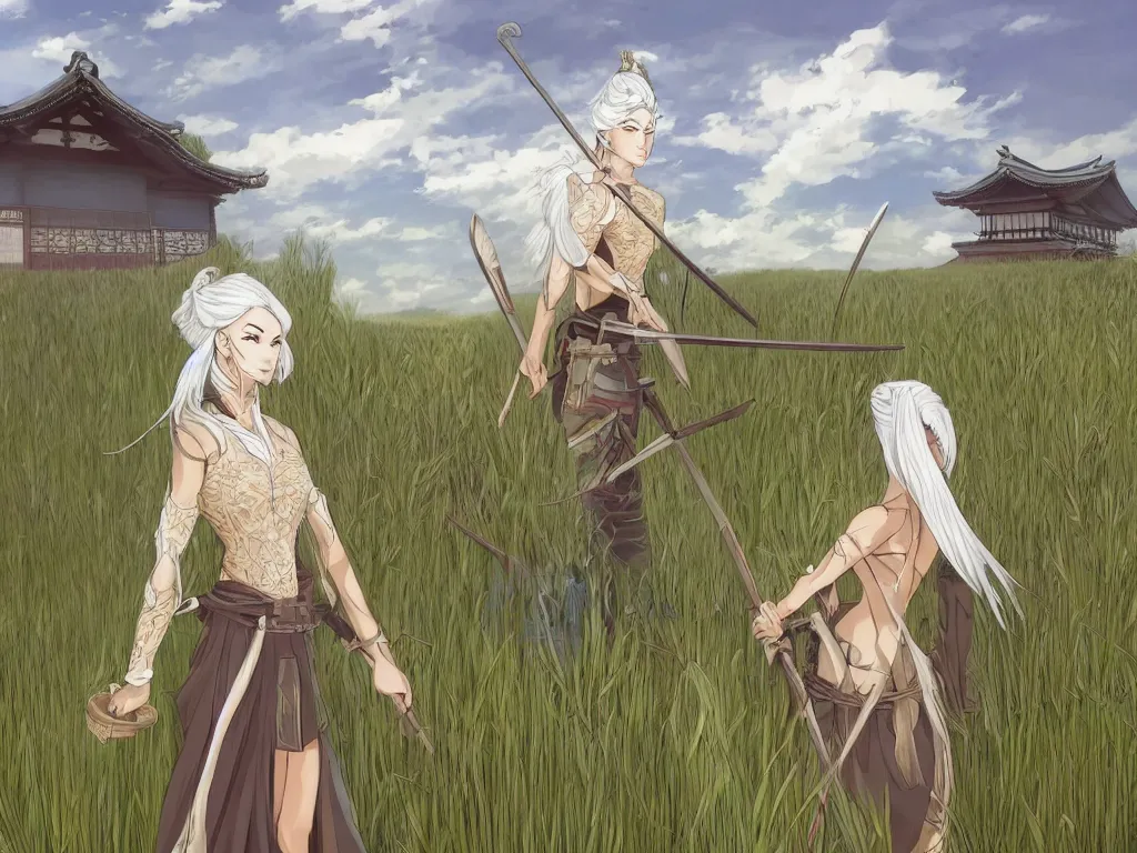 Prompt: an elven samurai women with white hair, standing in front of a field of wheat and a small house in the japanese countryside. anime artstyle from artstation trending.