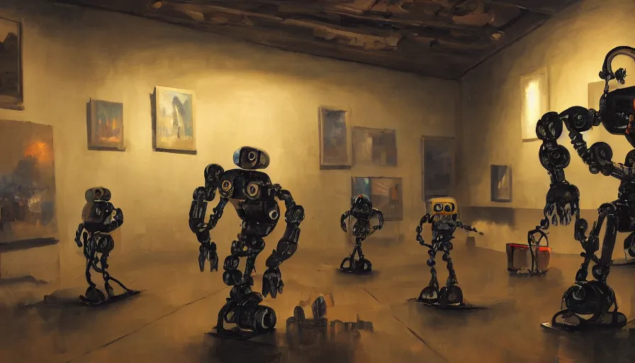 Image similar to robots in an old art gallery, painting landscapes with robots on canvas, dramatic lighting, 4 k