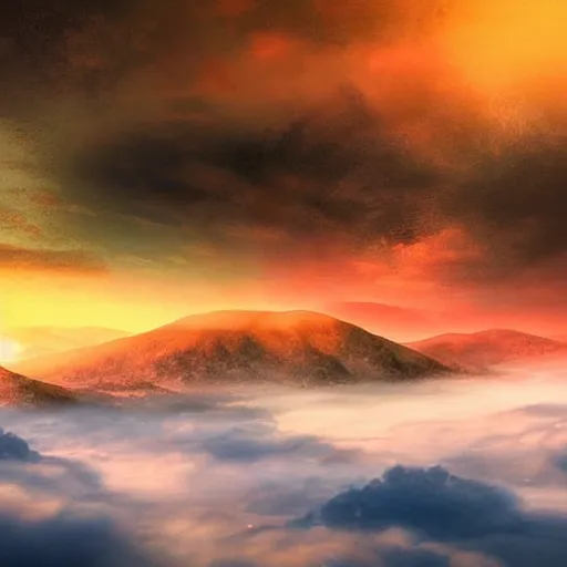 Image similar to digital artwork of a beautiful fantasy landscape of magical mountains encircled by clouds, mist, auras