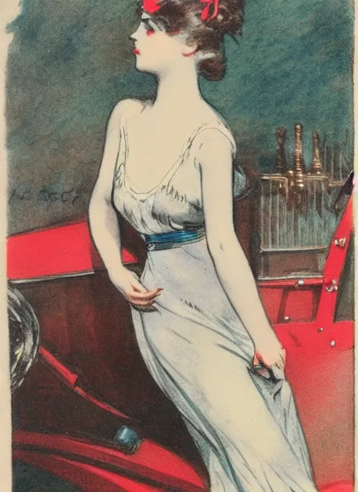 Image similar to Louis Icart, an old colored drawing of a woman posing in front of a 1920's car by Louis Icart, highly detailed, masterpiece