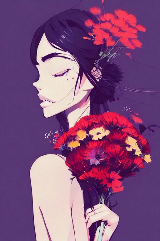 Image similar to a ultradetailed painting of a stylish girl holding a bouquet of flowers by conrad roset, greg rutkowski and makoto shinkai trending on artstation