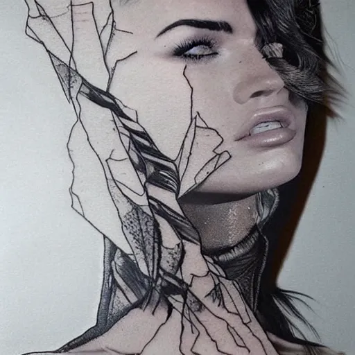 Prompt: megan fox as beautiful mountains, double exposure effect, medium sized tattoo sketch, amazing detail, trending on pinterest, in the style of tim tadder