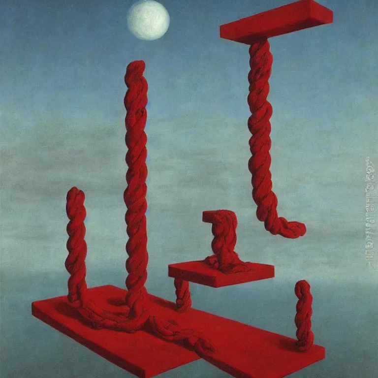 Prompt: A Monumental Public Sculpture of a 'Mirror to the Unconscious made out of Red Rope Licorice' on a pedestal by the Sea, surreal oil painting by Rene Magritte and Max Ernst shocking detail hyperrealistic!! Cinematic lighting