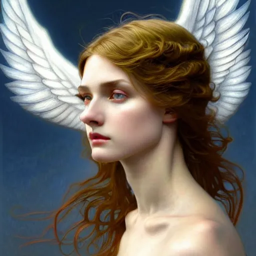 Image similar to Winged girl angel, face, fantasy, intricate, elegant, dramatic lighting, highly detailed, lifelike, photorealistic, digital painting, artstation, concept art, smooth, sharp focus, illustration, art by John Collier and Krenz Cushart and Artem Demura and Alphonse Mucha and Jean-Leon Gerome and and Albert Aublet