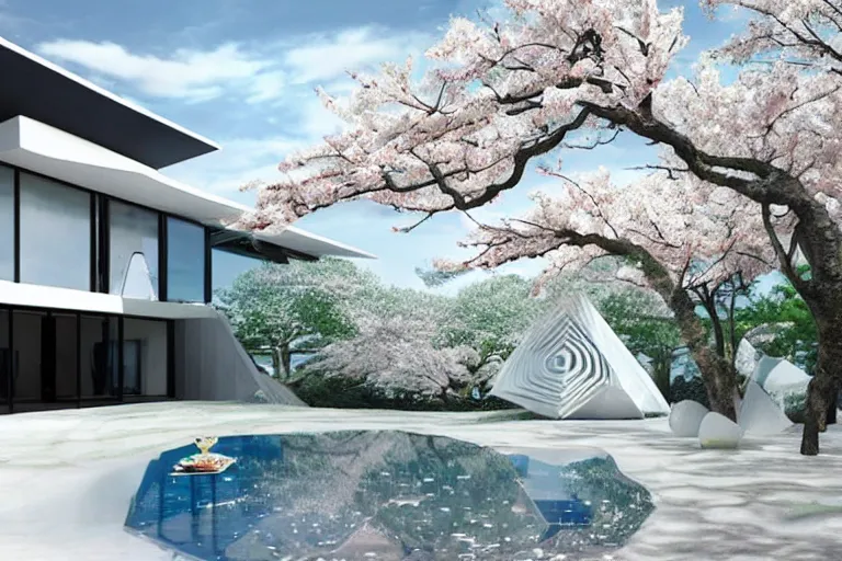 Prompt: futuristic luxurios chic Japanese house with Singaporean lush sakura trees, white and royal blue theme, sakura season, advanced, expensive architecture, elegant, at Salar De Uyuni with Hexagonal formations on the surface of salt crystallization, sandwiched between sedimentary deposits, bubbling geysers, marvellous reflection of the sky, digital painting, concept art, smooth, sharp focus, from Star Trek 2021, illustration, by WLOP and Ruan Jia and Mandy Jurgens and William-Adolphe Bouguereau, Artgerm