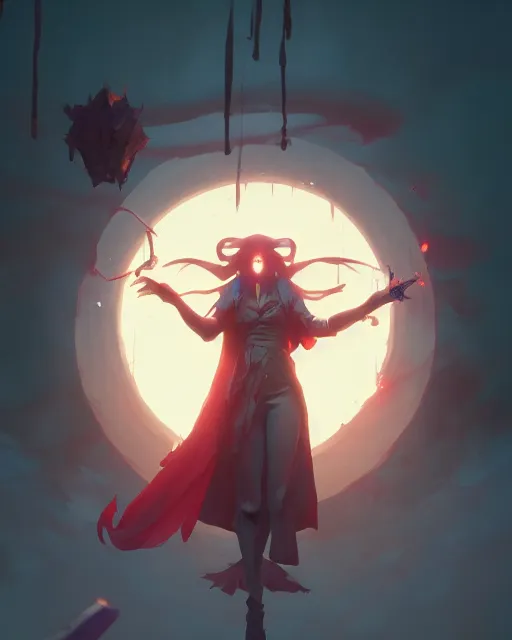 Image similar to highly detailed vfx portrait of a mage casting a blood spell, unreal engine, greg rutkowski, loish, rhads, beeple, makoto shinkai and lois van baarle, ilya kuvshinov, rossdraws, tom bagshaw, alphonse mucha, global illumination, detailed and intricate environment