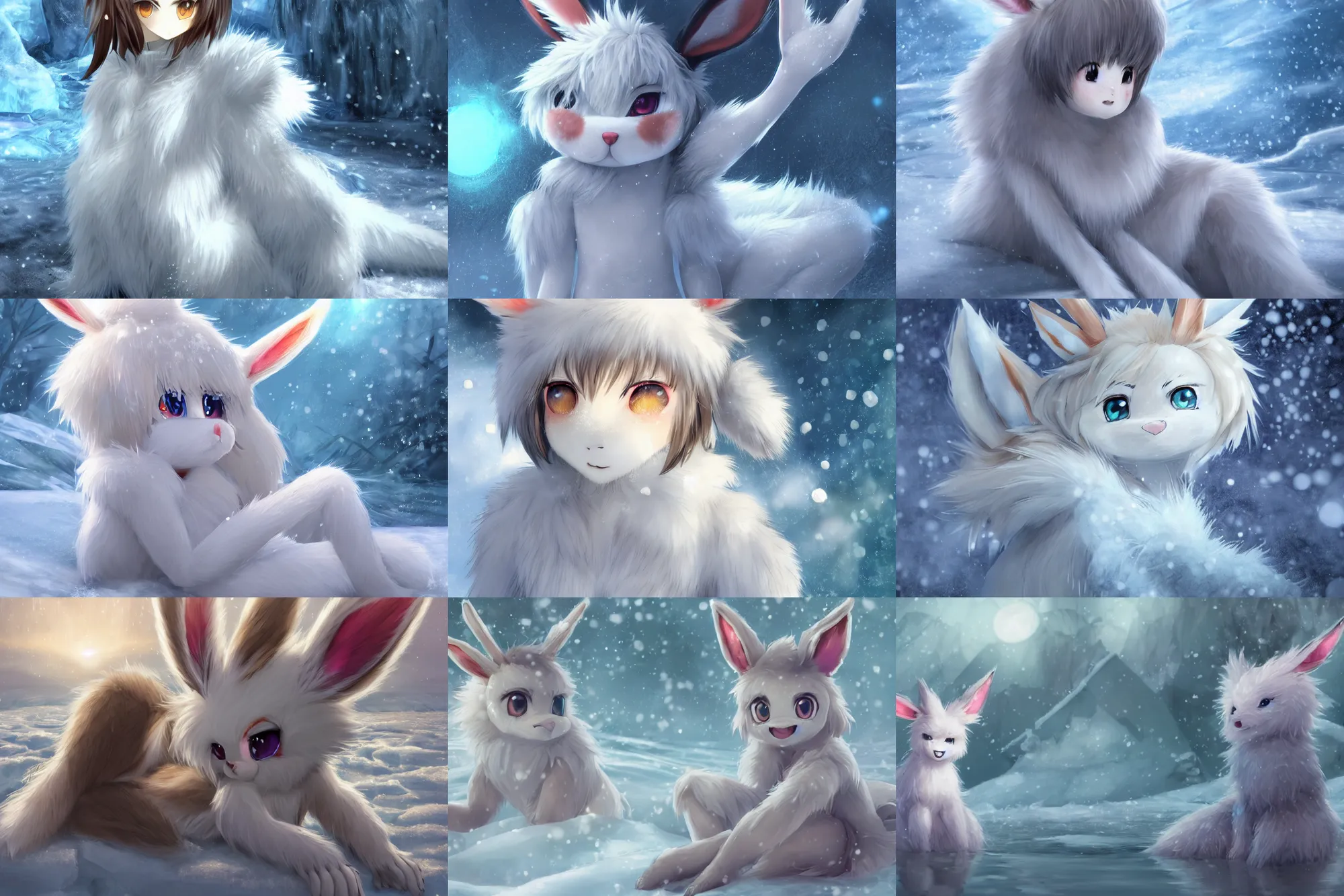 Prompt: white-furred anime anthro girl in an ice floe, intricate, highly detailed fan art rendering of a bipedal frosty anthro fuzzy eevee evil smooth, artstation, sitting in snow eevee high resolution anthro eevee humanoid, CGsociety UHD 4K highly detailed, intricate heterochromatic sad, watery eyes with clawed finger in nose eevee anthro standing up two legs and two arms poofy synthetic fur tail bloody wet fur hopps frilled bow braided tail looking down bleeding eevee anthro tongue sticking out wearing glasses smiling in winter moon zions national forest frozen high resolution maid dress humanoid twisted furry long tail wearing converse shoes and fuzzy hat, digital illustration by Ruan Jia on artstation