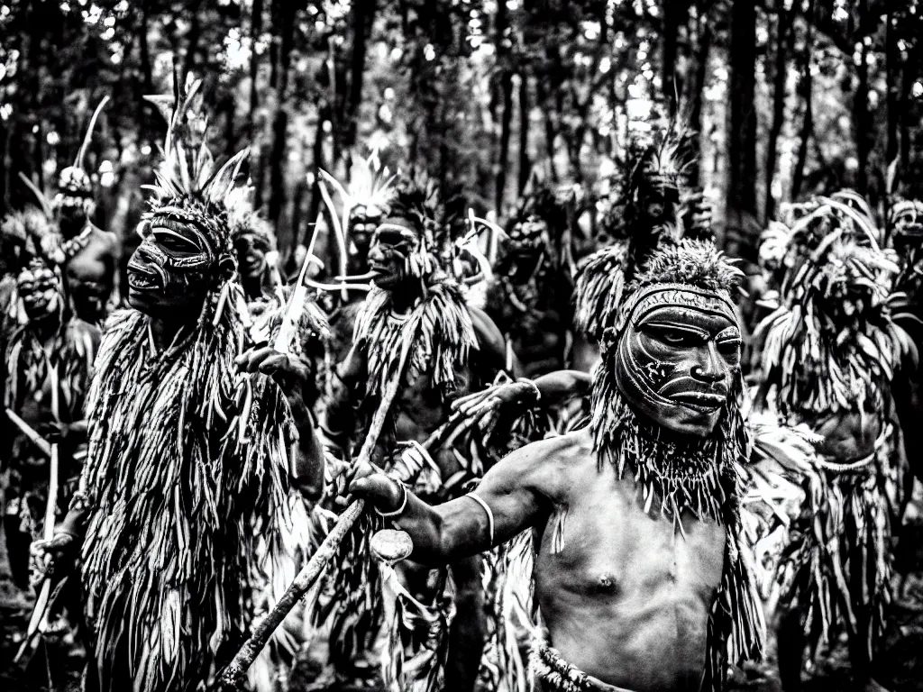 Prompt: cinematic, film grain, 3 5 mm, photography, midnight, ancient baluba tribe ceremony, shamans wearing fearsome tribal ancestors masks, emerging from dark woods, drummer, tribal dancers, transe, fire, congo, luba tribe