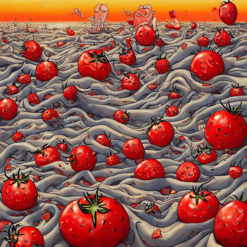 Image similar to a funny high resolution oil painting with dirty old brush of a lazy red burning and melting tomatos with googly eyes on a sunset beach to hot for the sun, big piles of strawberry icecream in cones falling from the sky by james jean