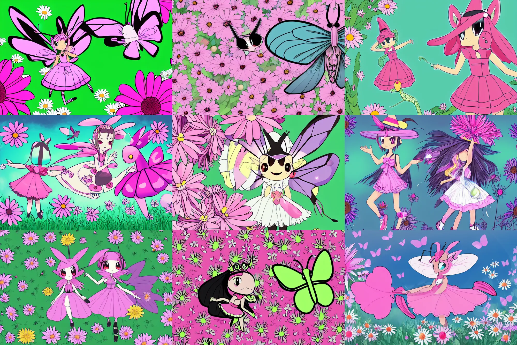 Prompt: female butterfly pokemon with black eyes and antennae like a mantis wearing a floe pink maid dress floating over a field of daisies wearing converse skater shoes and a witch hat, digital illustration by chibi pika