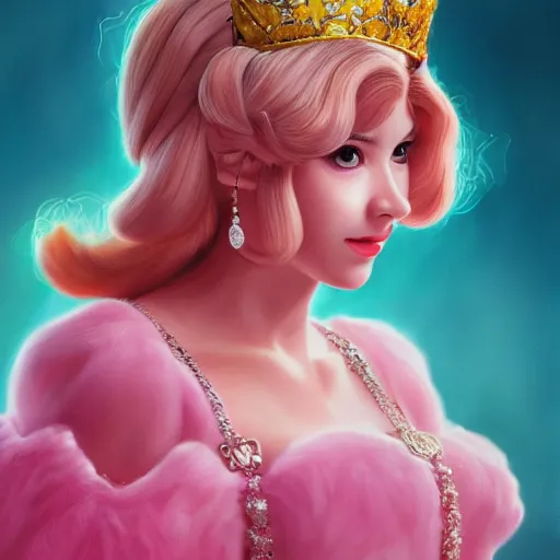 Image similar to An ultra realistic portrait painting of Princess Peach wearing his pink dress and golden tiara, 4k, Ultrarealistic, Highly Detailed, Dark Fantasy, Epic Lighting