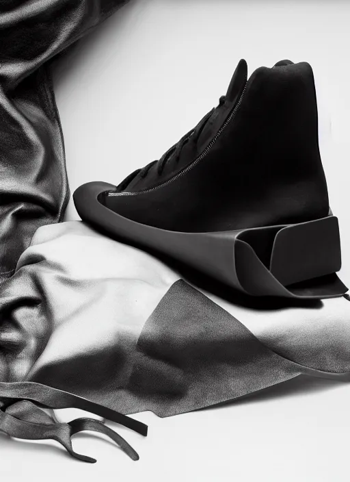 Image similar to hyperrealistic and heavy detailed product photo rick owens avant garde shoe of batman, in front of white back drop, whole shoe is in picture, leica sl 2 5 0 mm, vivid color, high quality, high textured, real life