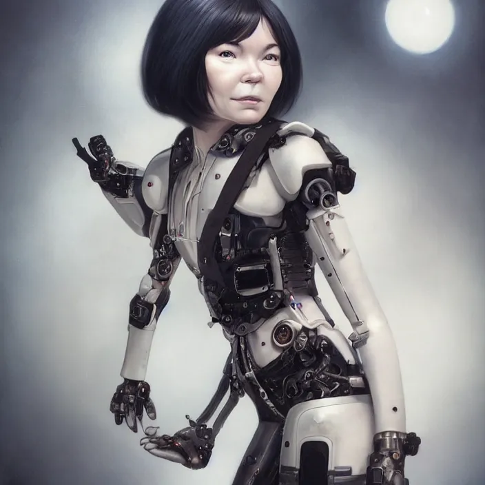 Image similar to hyper - realistic bjork leather cyborg - by tom bagshaw, by ilya kuvshinov, rtx rendering, octane render 1 2 8 k, maya, extreme high intricate details by wlop, digital anime art by ross tran, medium shot, close up shot, composition by sana takeda, dramatic lighting by greg rutkowski, 8 k, trending on artstation