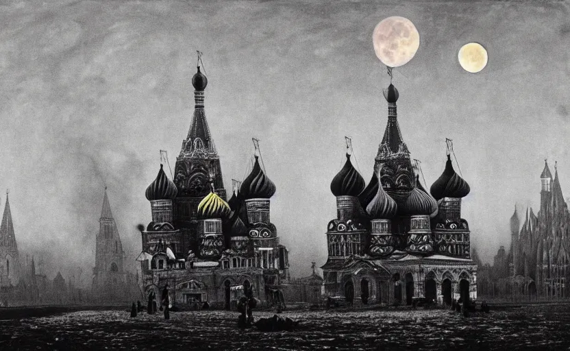 Prompt: a picture in high contrast by vasily vereshchagin of burning!!! st. basil's cathedral ( in smoke ) and ashes by the village, full moon in clouds!, visual art, 8 k resolution, 3 d modelling, hard lighting, masterpiece, vray