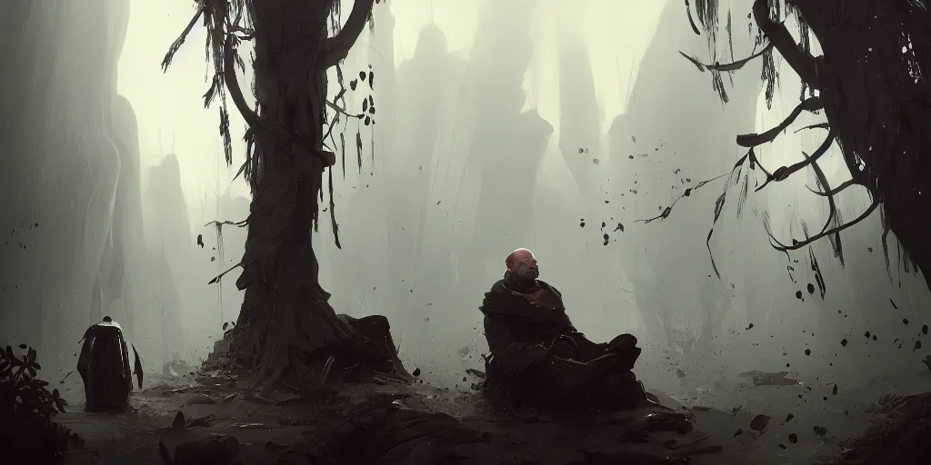 Prompt: duotone concept illustration 3 / 4 portrait almost bald face sinister merchant middle aged male glowing eyes sitting below willow tree foggy rustical style. medieval tunic cinematic volumentric lighting. by cd projekt red, sachin teng and sergey kolesov and ruan jia and heng z. graffiti art, scifi, fantasy, hyper detailed. octane render. trending on artstation