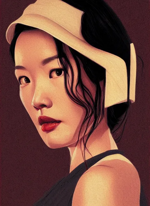 Prompt: twin peaks movie poster art, portrait of shu qi, from scene from twin peaks, clean, simple illustration, nostalgic, domestic, highly detailed, digital painting, artstation, concept art, smooth, sharp focus, illustration, artgerm, donato giancola, joseph christian leyendecker, wlop